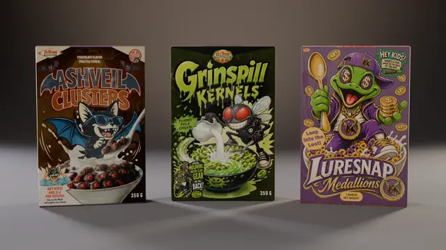 The three Broken Wings cereal boxes on a shelf.