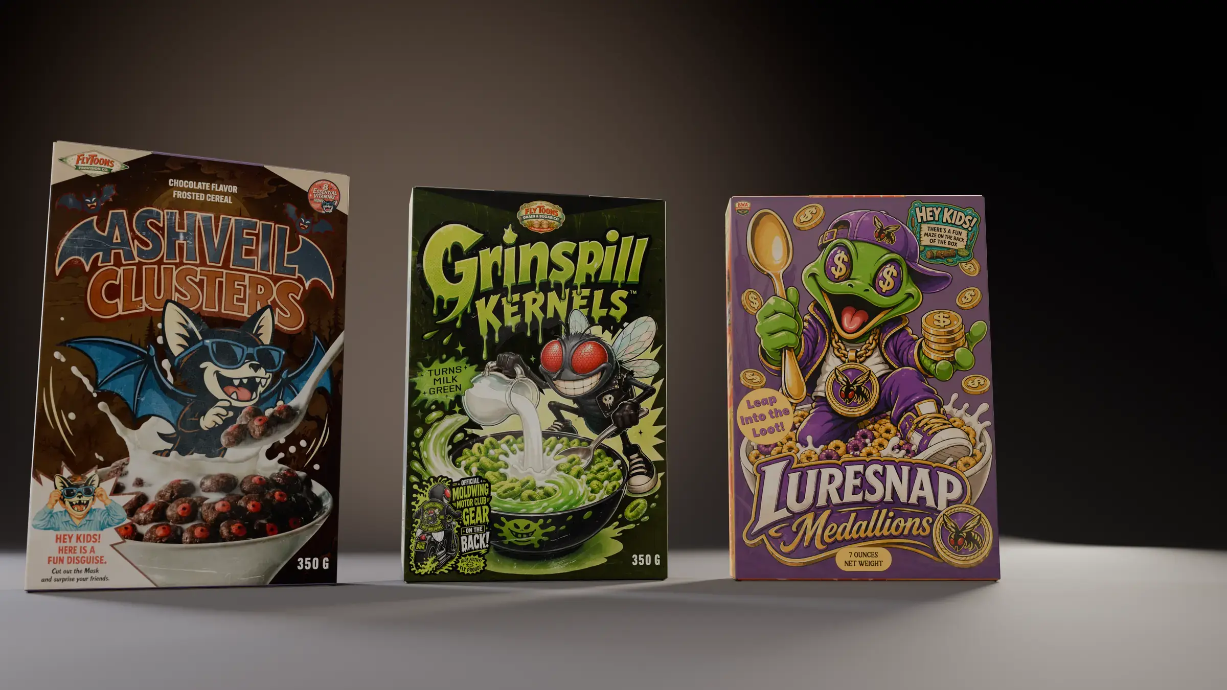 The three Broken Wings cereal boxes shot low and close: Ashveil Clusters, Grinspill Kernels and Luresnap Medallions.