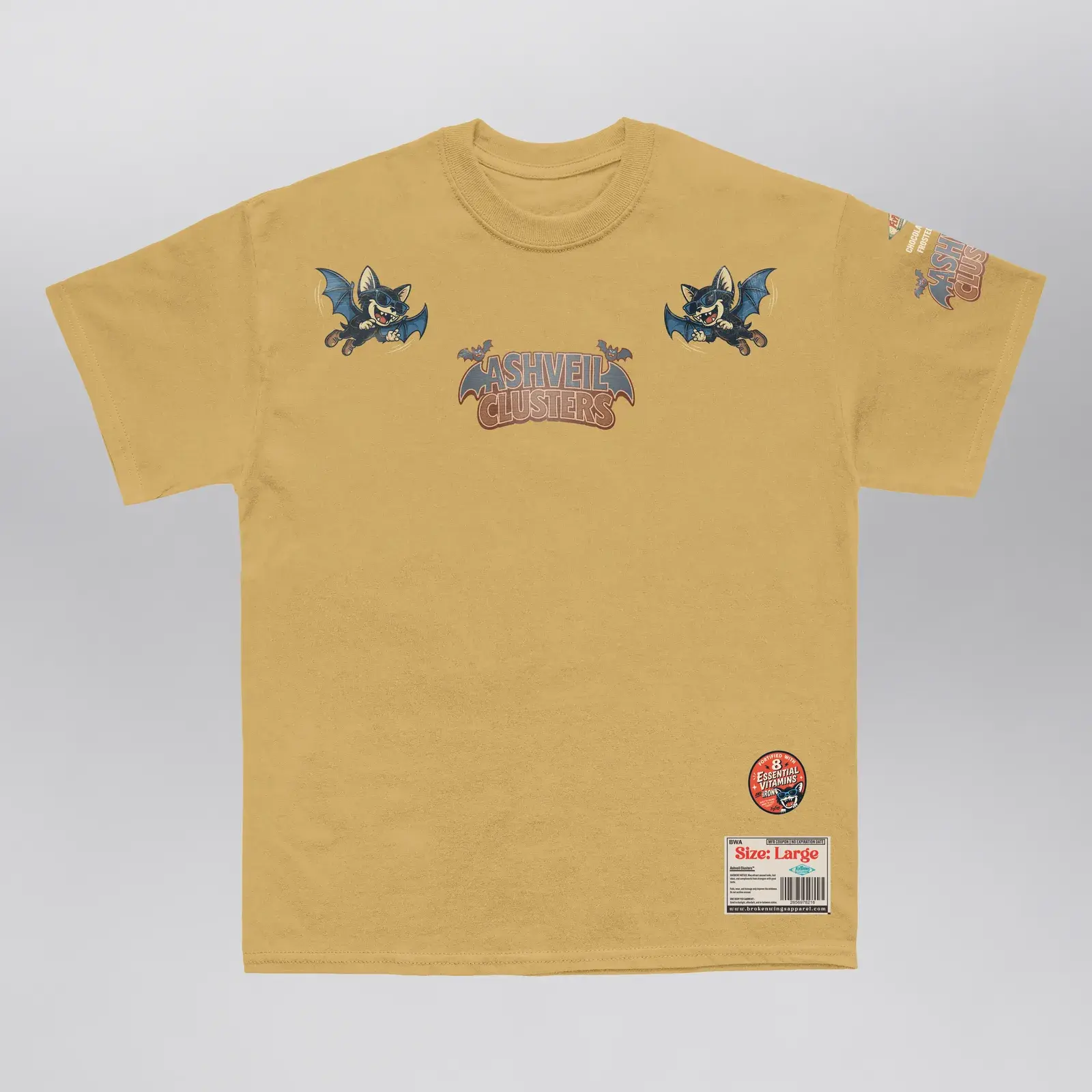 Ashveil Clusters Caramel Tee (Exclusive 1 of 1), front: two FogFang bats around the Ashveil Clusters logo