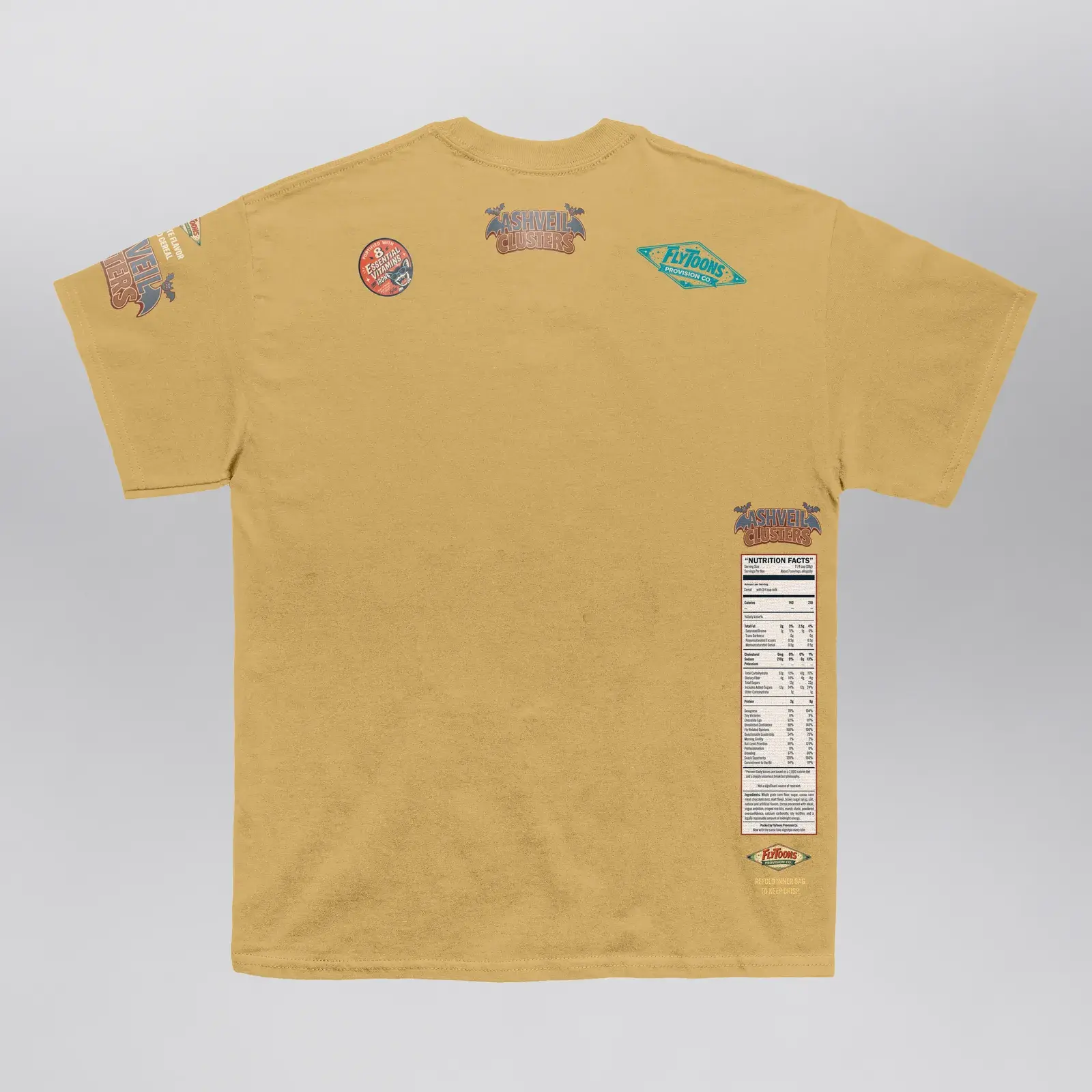 Ashveil Clusters Caramel Tee (Exclusive 1 of 1), back: the logo under the collar and the Nutrition Facts panel down the side