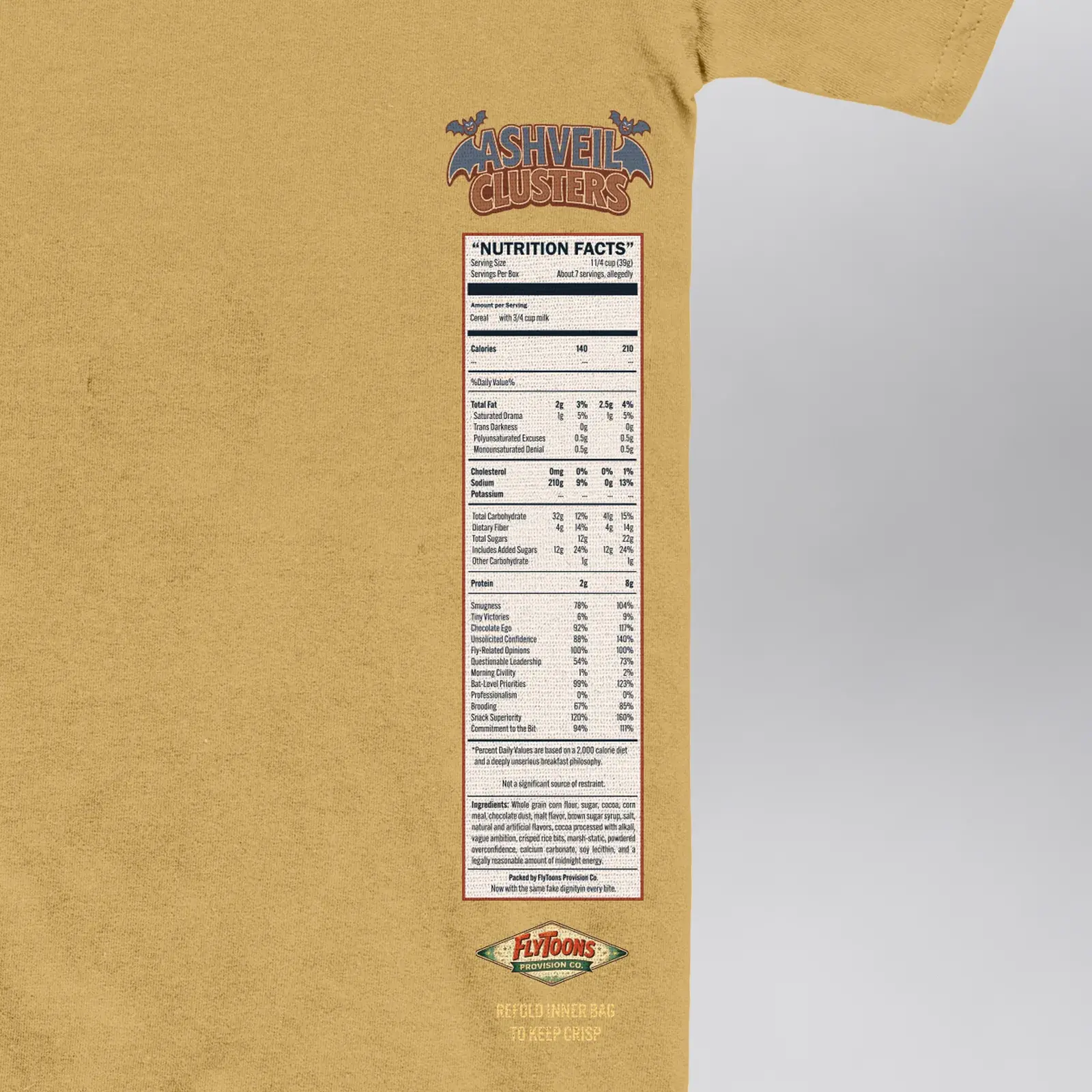 Ashveil Clusters Caramel Tee (Exclusive 1 of 1), close-up of the Nutrition Facts panel on the back