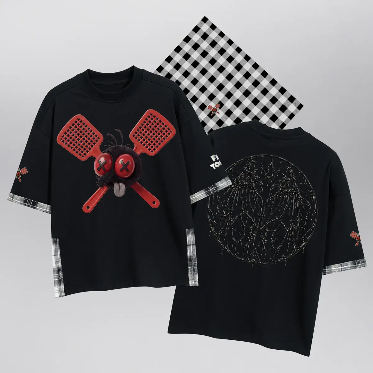 The Fly Toons Swatted Tee with Black & White Buffalo Bandana (Exclusive 1 of 1), the full set: tee front, tee back and bandana