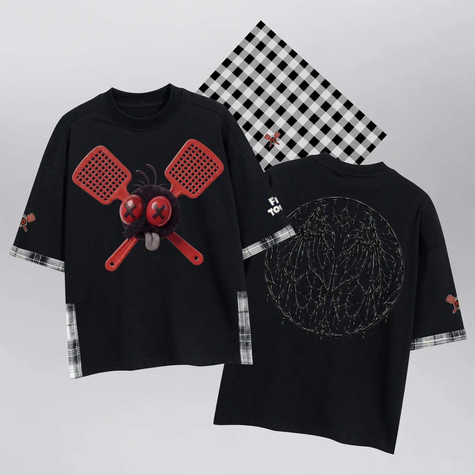 The Fly Toons Swatted Tee with Black & White Buffalo Bandana (Exclusive 1 of 1), the full set: tee front, tee back and bandana