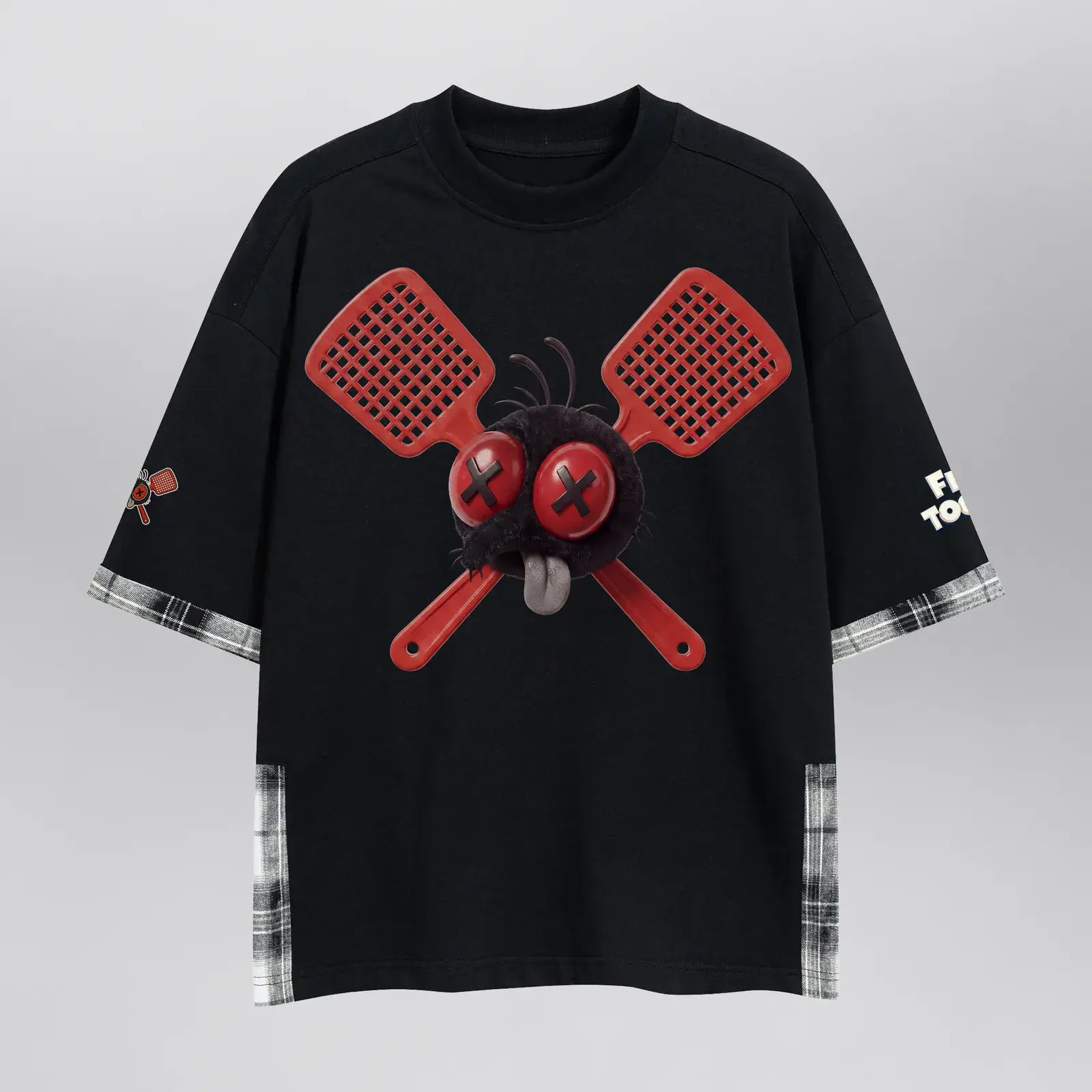 The Fly Toons Swatted Tee with Black & White Buffalo Bandana (Exclusive 1 of 1), front: a flattened fly under two crossed red fly swatters