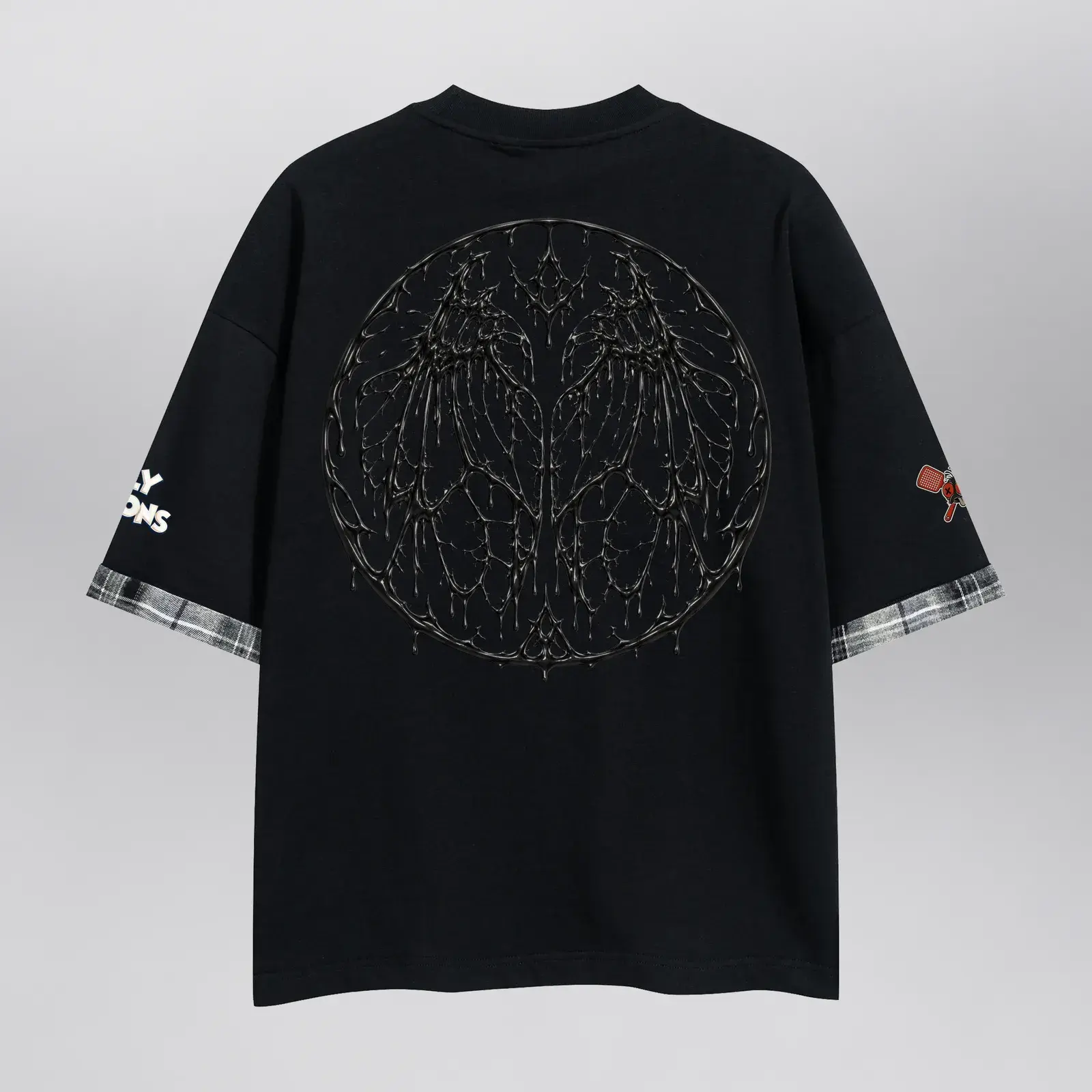The Fly Toons Swatted Tee with Black & White Buffalo Bandana (Exclusive 1 of 1), back: a circular dripping-wing emblem
