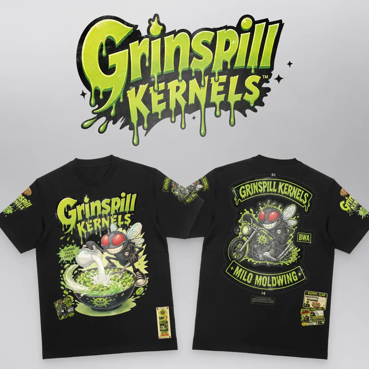 Grinspill Kernels Cereal Box Tee (Limited Edition), front and back