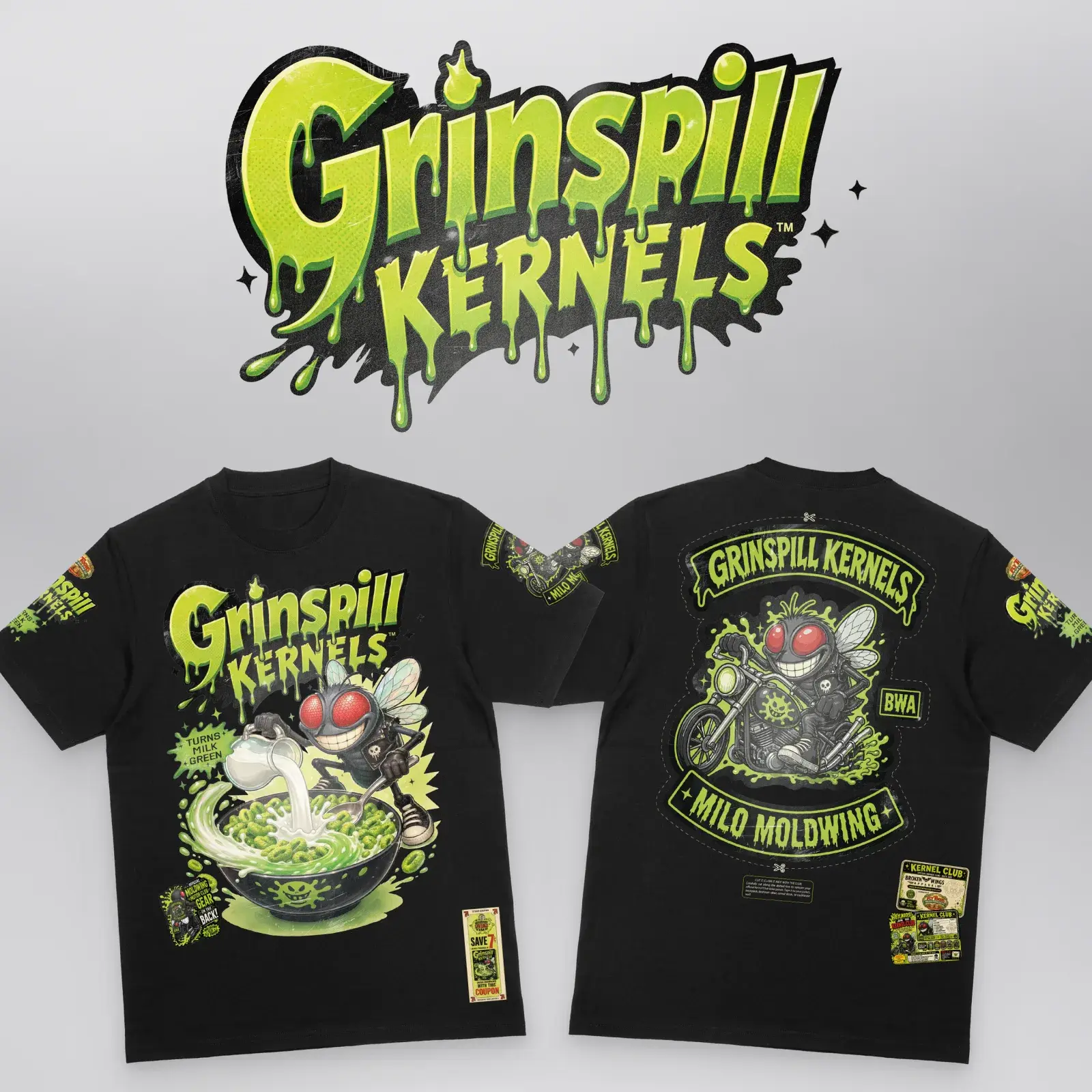 Grinspill Kernels Cereal Box Tee (Limited Edition), front and back