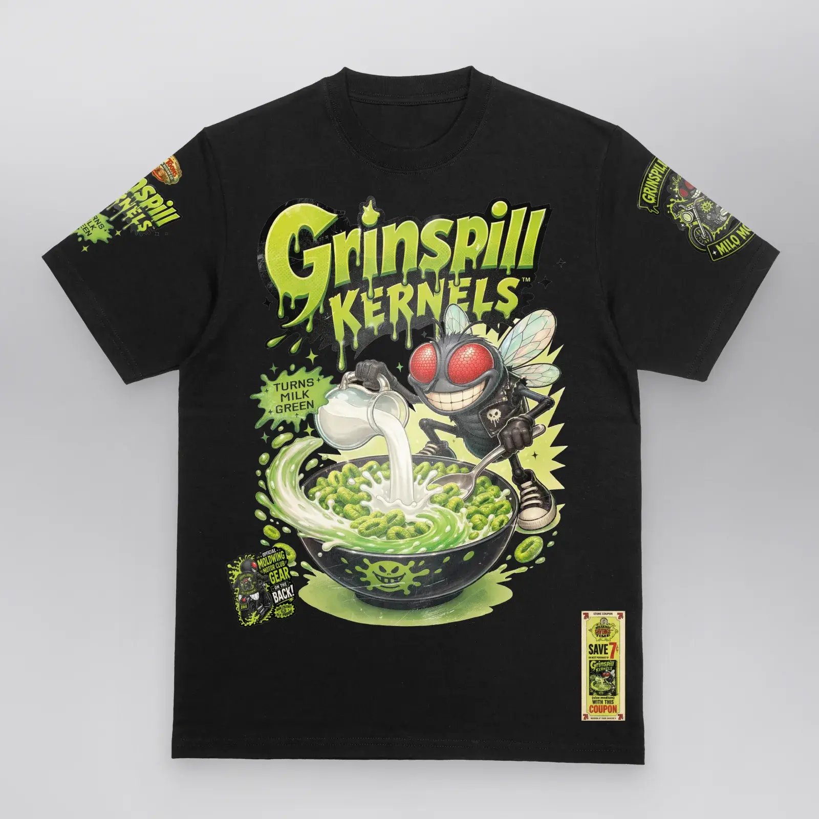 Grinspill Kernels Cereal Box Tee (Limited Edition), front