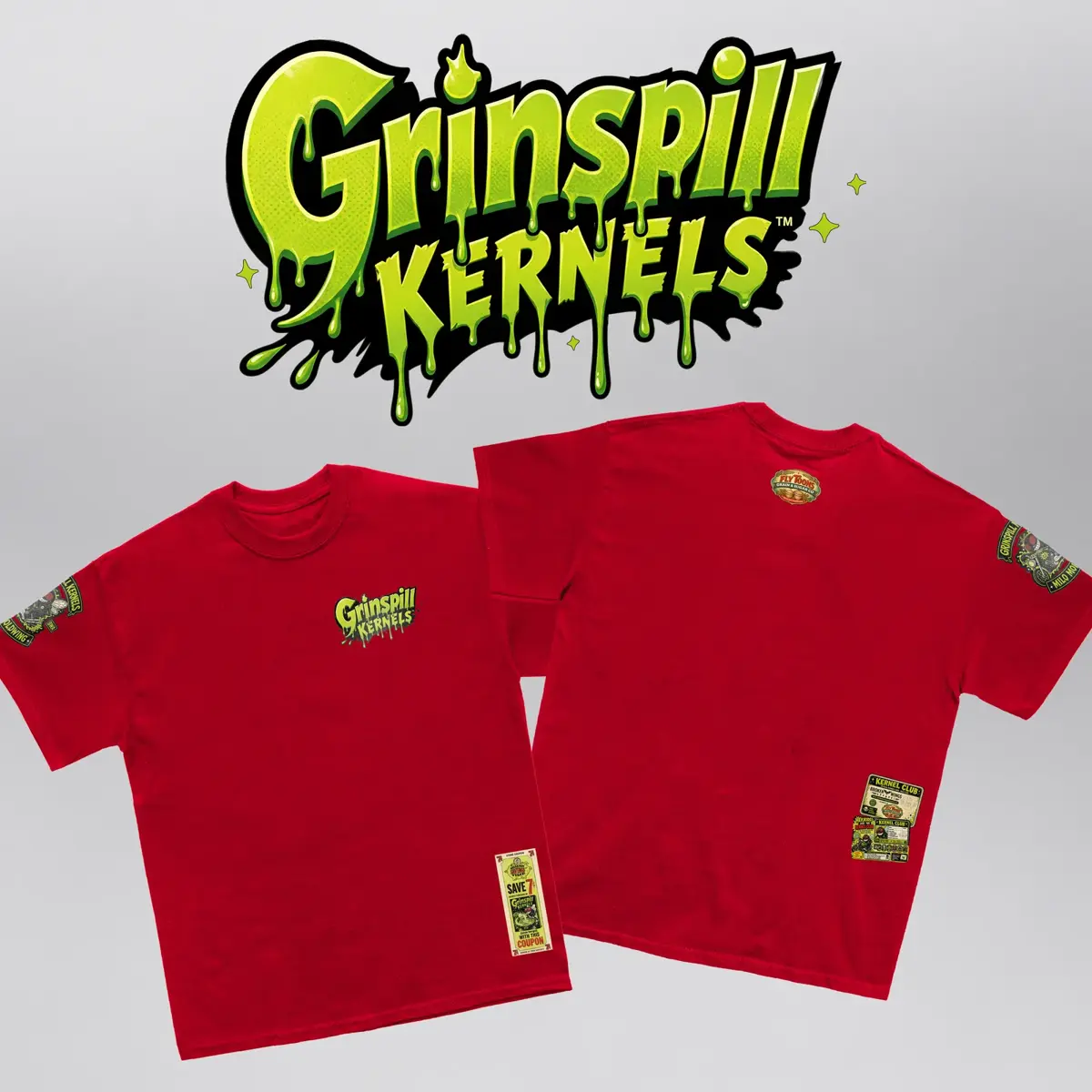 Grinspill Kernels Red Kernel Club Tee (Exclusive 1 of 1), front and back together under the Grinspill Kernels logo