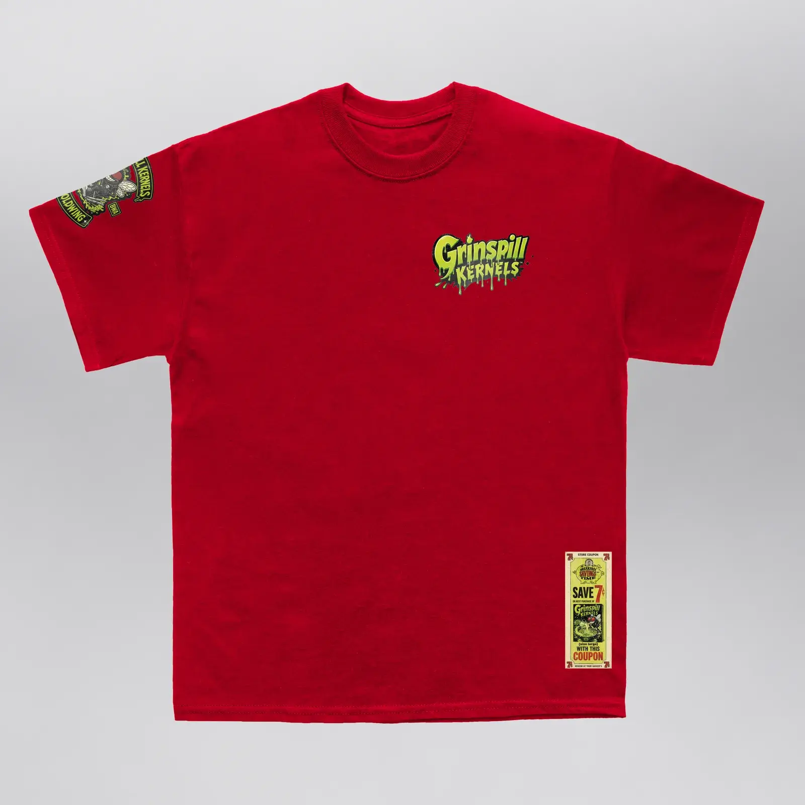 Grinspill Kernels Red Kernel Club Tee (Exclusive 1 of 1), front: the Grinspill Kernels chest logo and a coupon tag at the hem