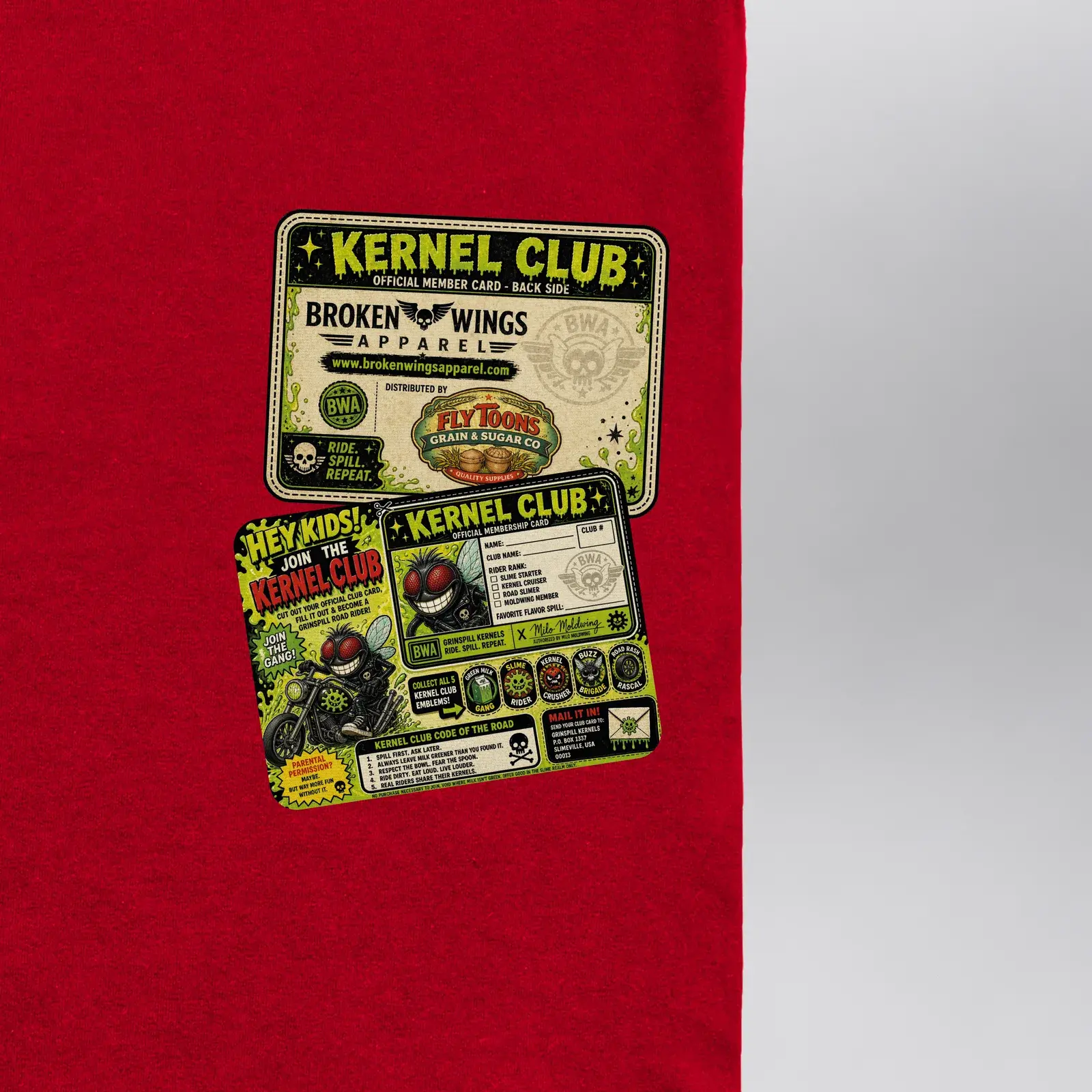 Grinspill Kernels Red Kernel Club Tee (Exclusive 1 of 1), close-up of the Kernel Club membership card, front and back, on the back hem