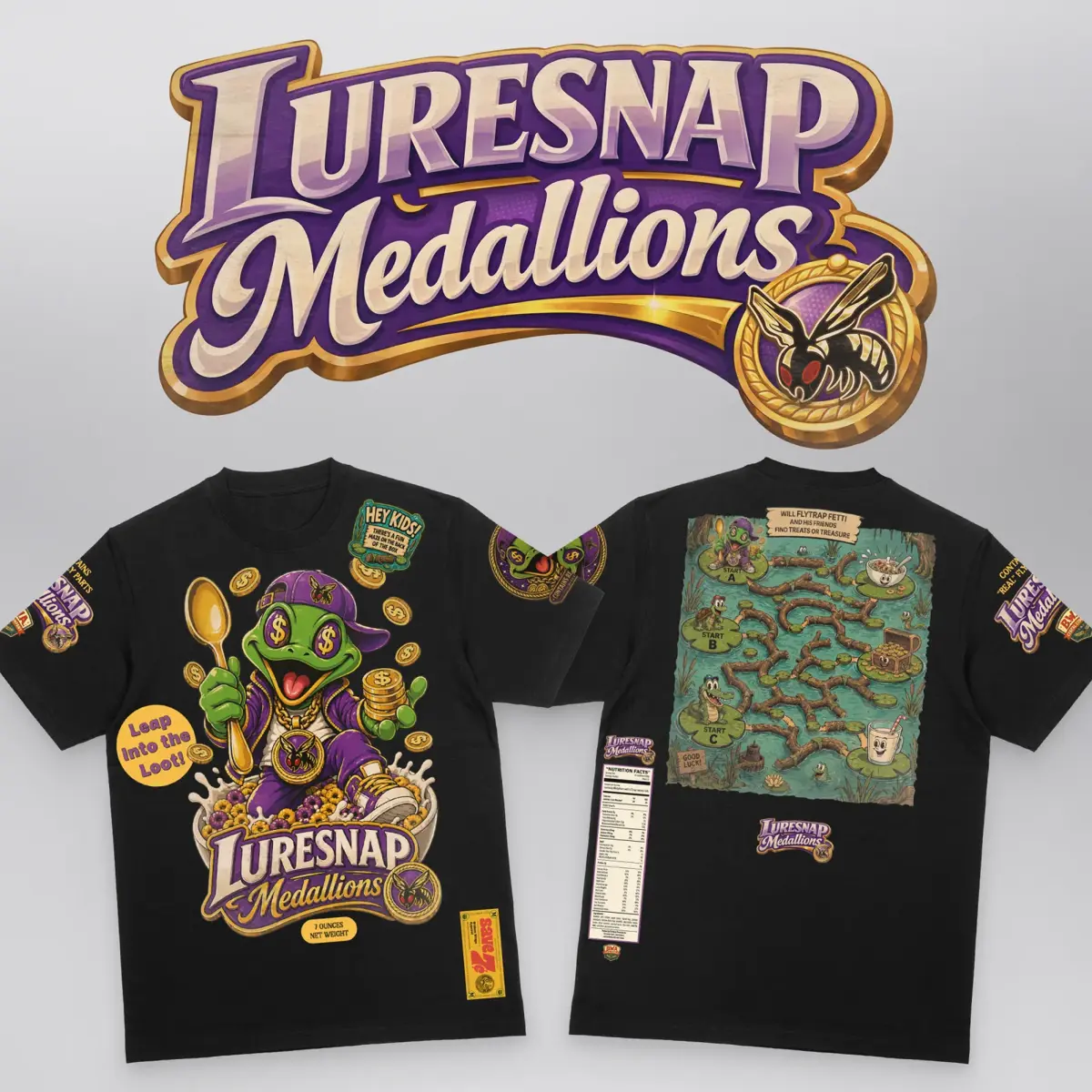 Luresnap Medallions Cereal Box Tee (Limited Edition), front and back