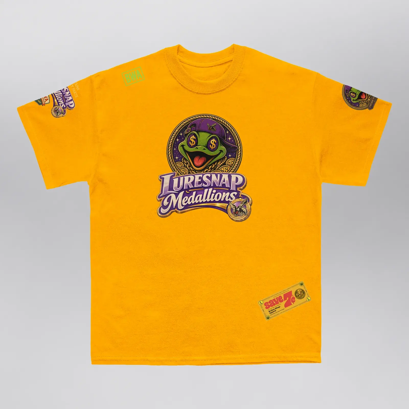 Luresnap Medallions Golden Ticket Tee (Exclusive 1 of 1), front: FlyTrap Fetti in a gold medallion over the Luresnap Medallions logo