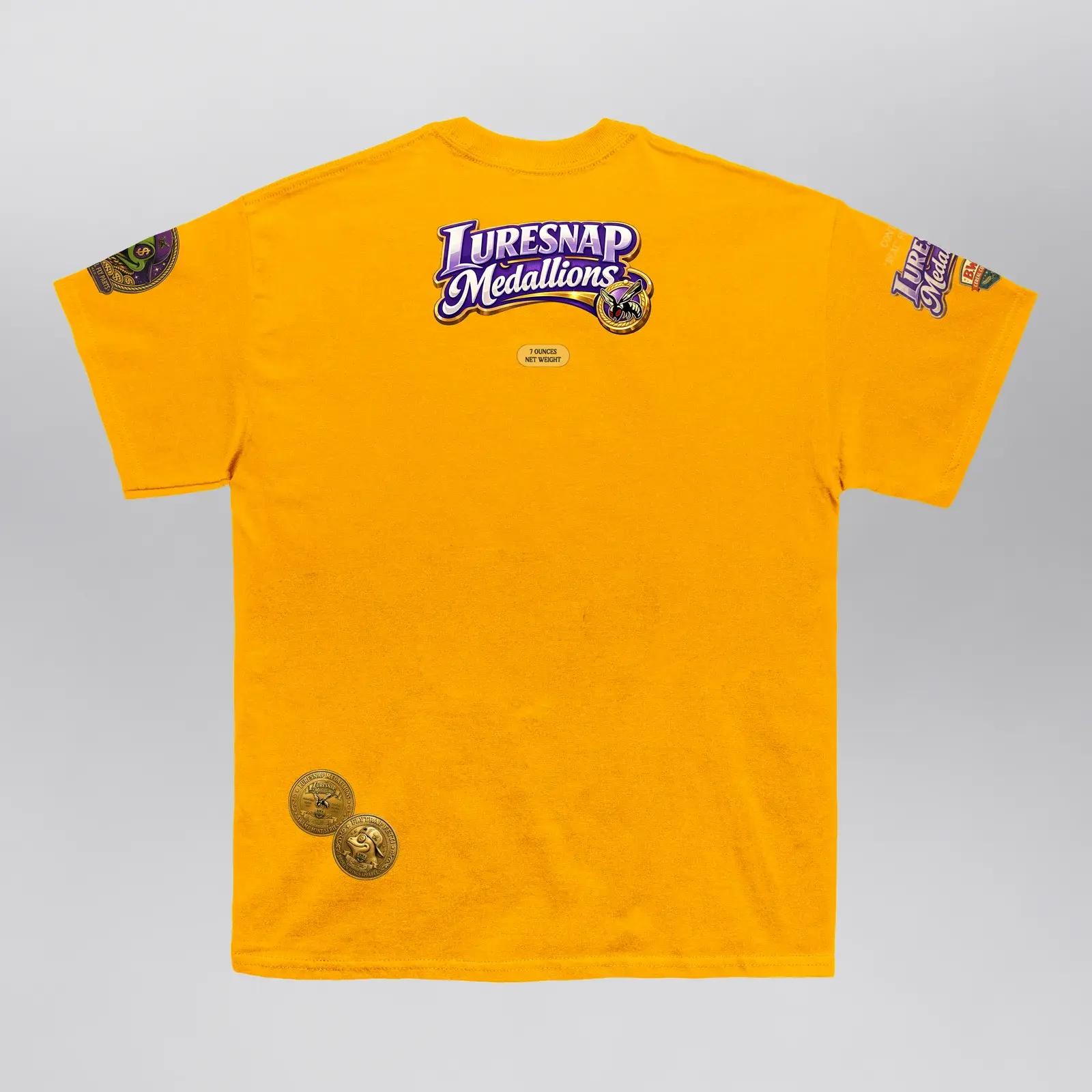 Luresnap Medallions Golden Ticket Tee (Exclusive 1 of 1), back: the logo under the collar and two gold coins at the hem
