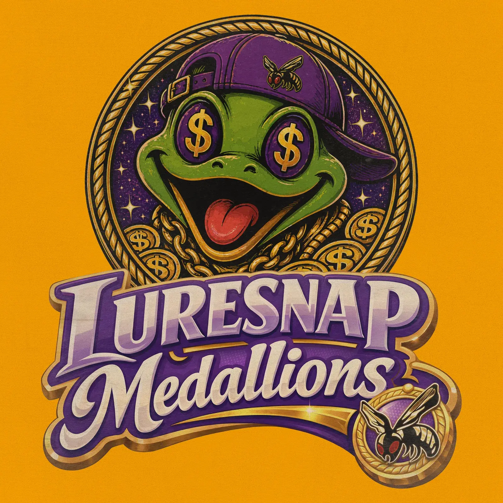 Luresnap Medallions Golden Ticket Tee (Exclusive 1 of 1), close-up of FlyTrap Fetti with dollar-sign eyes, a purple cap and a chain of coins