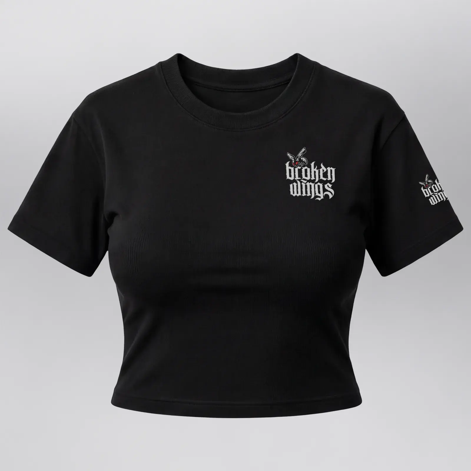 Women's Crop Bandana Tee (Exclusive 1 of 1), front: the Broken Wings script and fly on the left chest