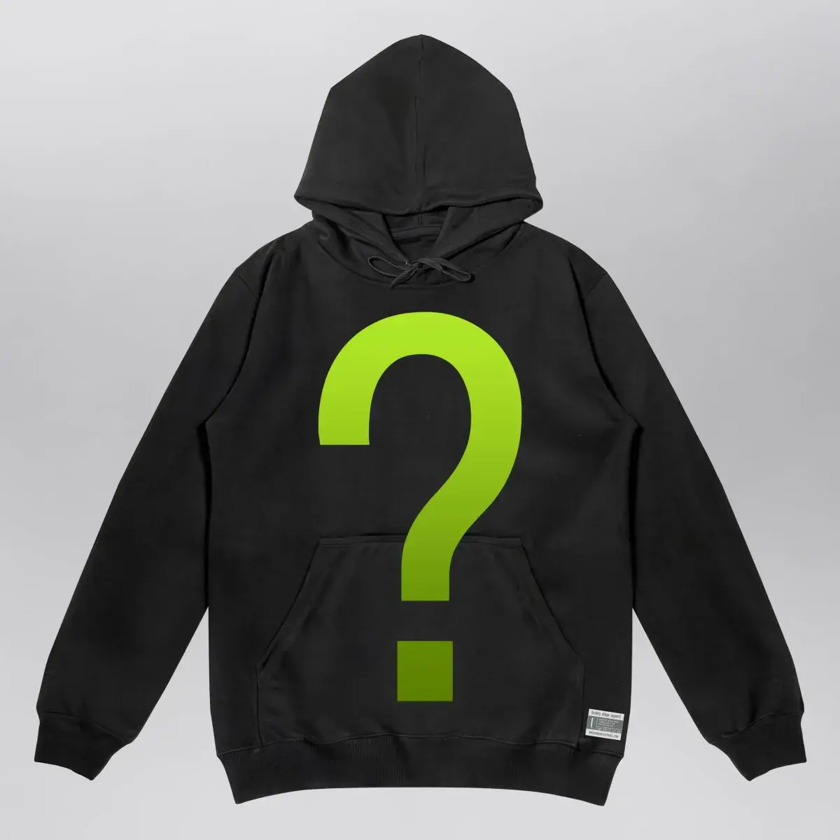 The Mystery Hoodie: a black hoodie printed with a large green question mark.