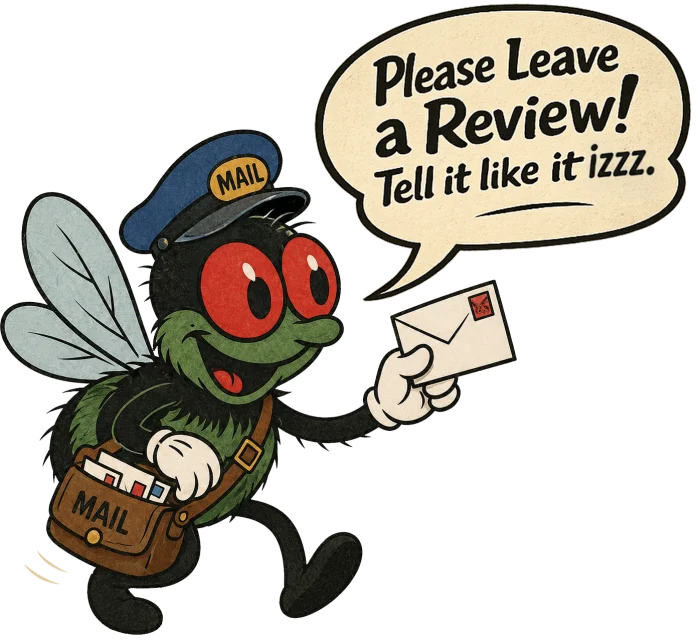 A cartoon mail-carrier fly holding a letter: Please leave a review! Tell it like it izzz. Leave a review.